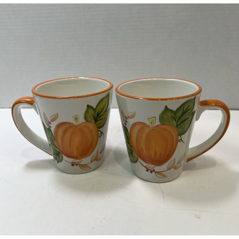 Mesa International Orange Pumpkin Harvest Mugs Coffee Hand Painted Ceramic